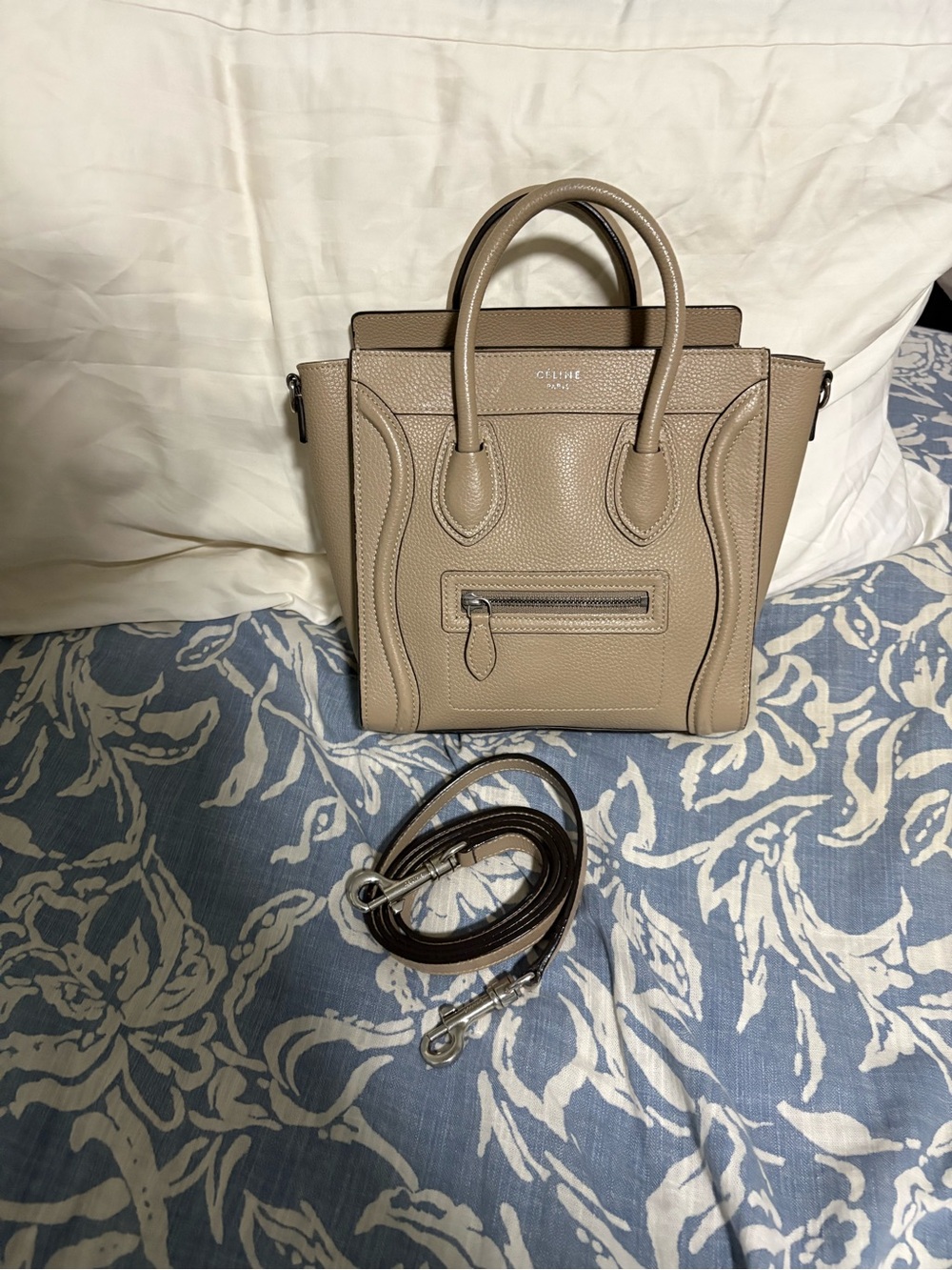 Celine Taupe Nano Luggage Drummed Leather Tote Bag